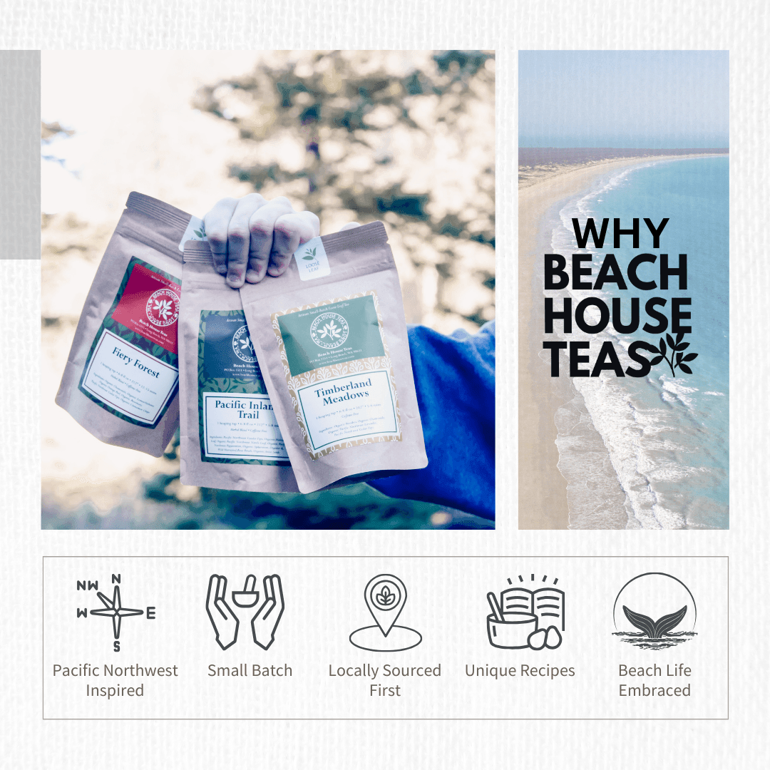 Beach House Teas brand graphic showing three tea pouches, a coastline, and five brand-value icons
